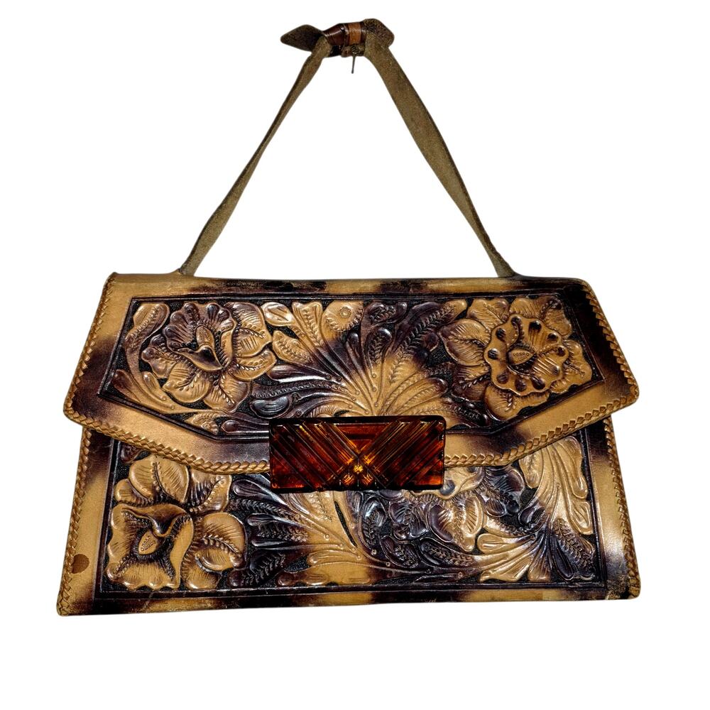 Vintage Hand Tooled Artisan Leather Handbag Brown Floral Amber Color Clasp BOHO